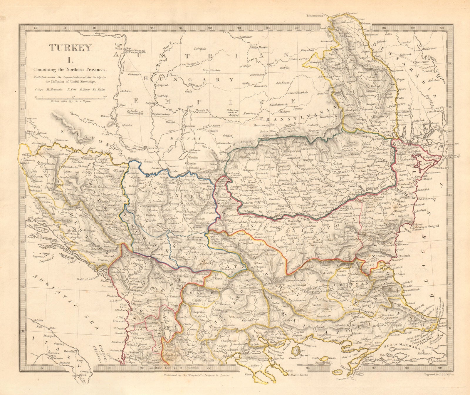 BALKANS. Northern Ottoman provinces. Wallachia Bulgaria Albania. SDUK 1845 map